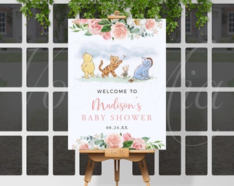 Klassisches Winnie The Pooh Willkommensschild, grün rosa Blumen Baby Shower Poster, Ferkel, Tigger, Eeyore