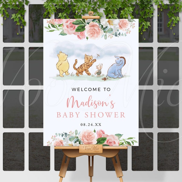 Classic Winnie The Pooh Welcome Sign, Greenery Pink Flowers Baby Shower Poster, Piglet, Tigger, Eeyore