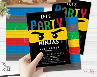 Ninja Birthday Invitation Template, Building Block Invite, Editable Samurai Ninja Go Style