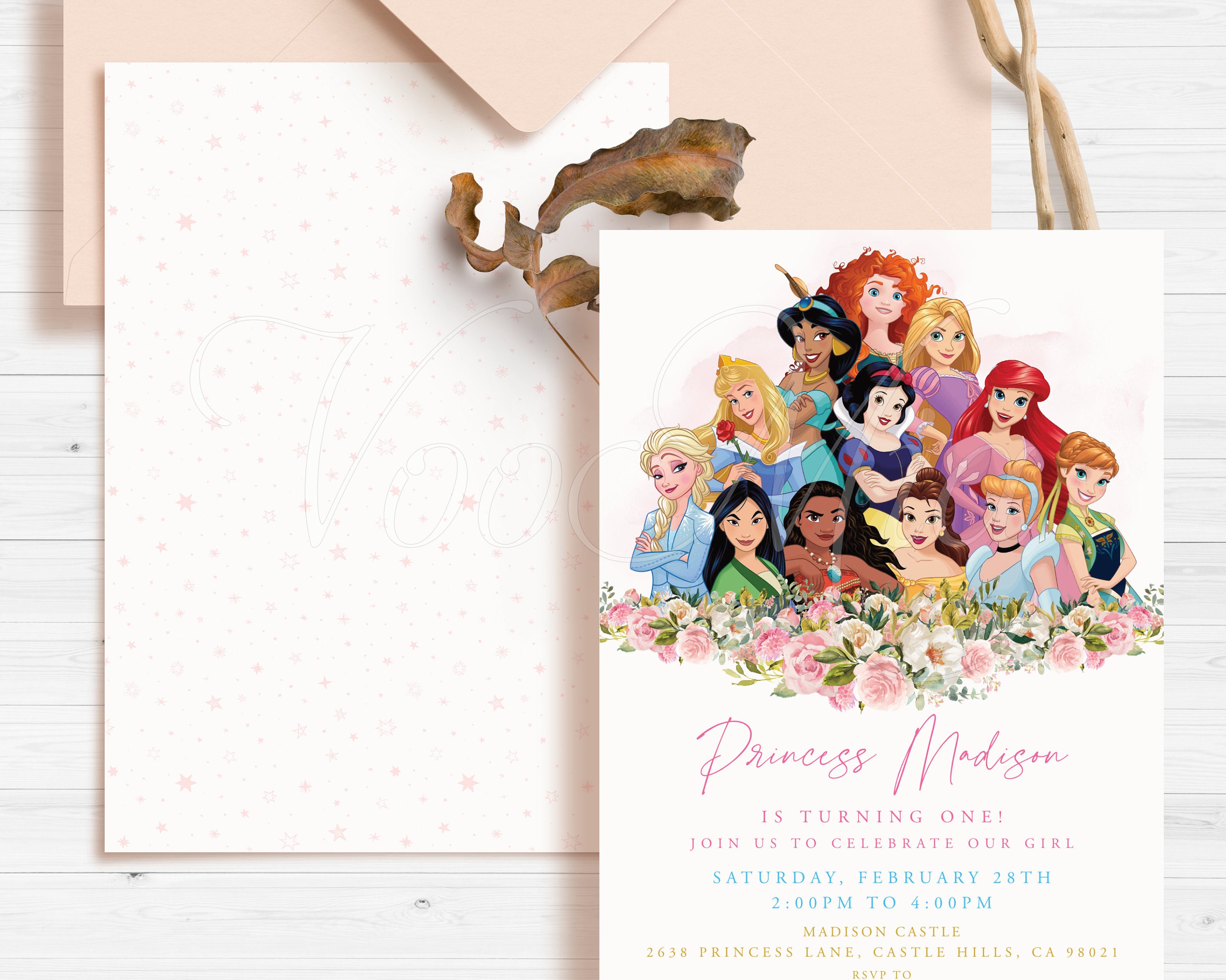 All Princess Birthday Invitation, Editable Gold Pink Party Invite Template, Printable