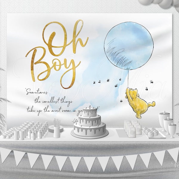 Classic Winnie The Pooh Baby Shower Backdrop, Oh Boy Gold Nursery Wall Hanging, Tapestry, Printable Template