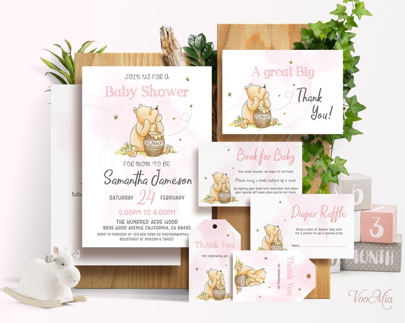 Winnie The Pooh Baby Shower Invitations Girl Shower Decorations Printable Invite EVOE