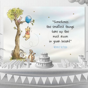 Winnie The Pooh Baby Shower Backdrop, Birthday Blue Balloon Boy Nursery Wall Hanging, Banner and Poster, Printable Template
