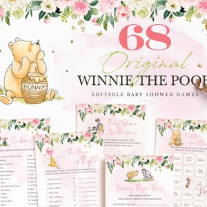 68 Winnie de Poeh-babyshowergames, klassieke bewerkbare spelkaarten Pooh Girl, afdrukbare sjabloon