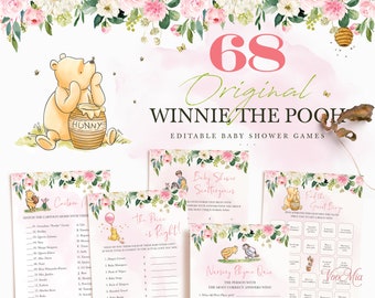 68 Winnie the Pooh Baby Shower Games, Classic Pooh Girl Editable Game Cards, Printable Template