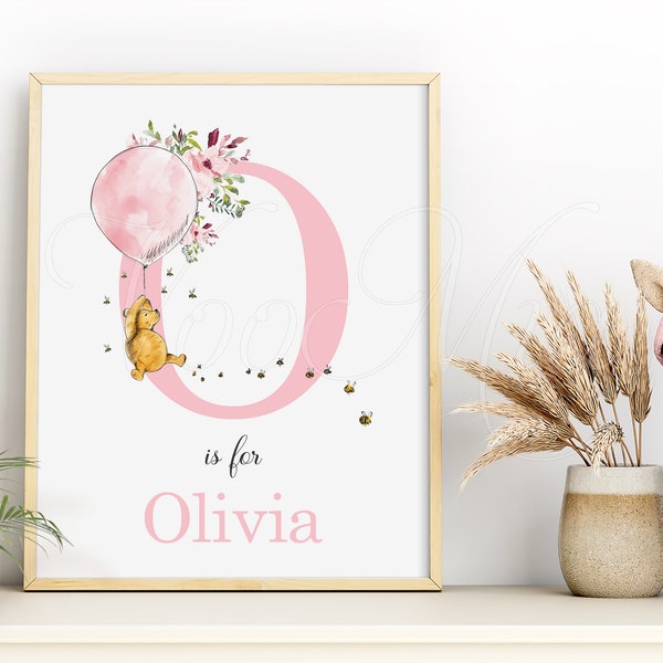 Classic Winnie the Pooh Nursery Print, Girl Bedroom Wall Art Template, New Baby Christening Gift, Editable Initial Decor