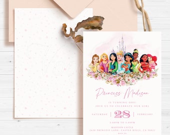 May include: A pink and white invitation with a pink castle and a group of Disney princesses. The text reads "Princess Madison is turning one! Join us to celebrate our girl Saturday 28 February 2:00PM to 4:00PM Madison Castle 2638 Princess Lane, Castle Hills, CA 98021 RSVP to"