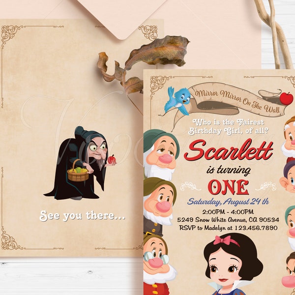 Snow White Birthday Invitation, Princess Party Invite, Editable Template, Seven Dwarfs, Printable Download