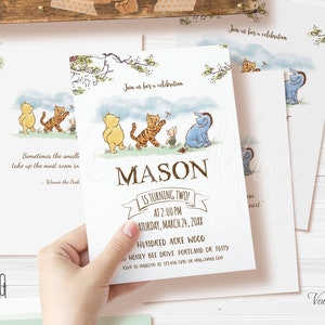 Klassische Winnie the Pooh Geburtstagsparty Einladung zum Spielen in der Natur mit Freunden