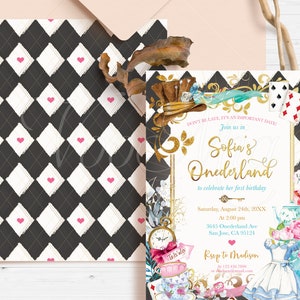 Alice in Wonderland Birthday Invitation Template, Onederland Editable Invite, Gold and Pink Printable