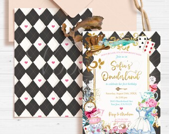 May include: A whimsical Alice in Wonderland themed first birthday party invitation with a black and white checkered background. The invitation features a gold frame with the text "Sofia's Onederland" and details about the party, including the date, time, and location. The invitation also includes illustrations of Alice, the Mad Hatter, and other characters from the story.
