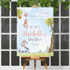 Winnie The Pooh Welcome Sign, Red Balloon Baby Shower Poster Editable Template