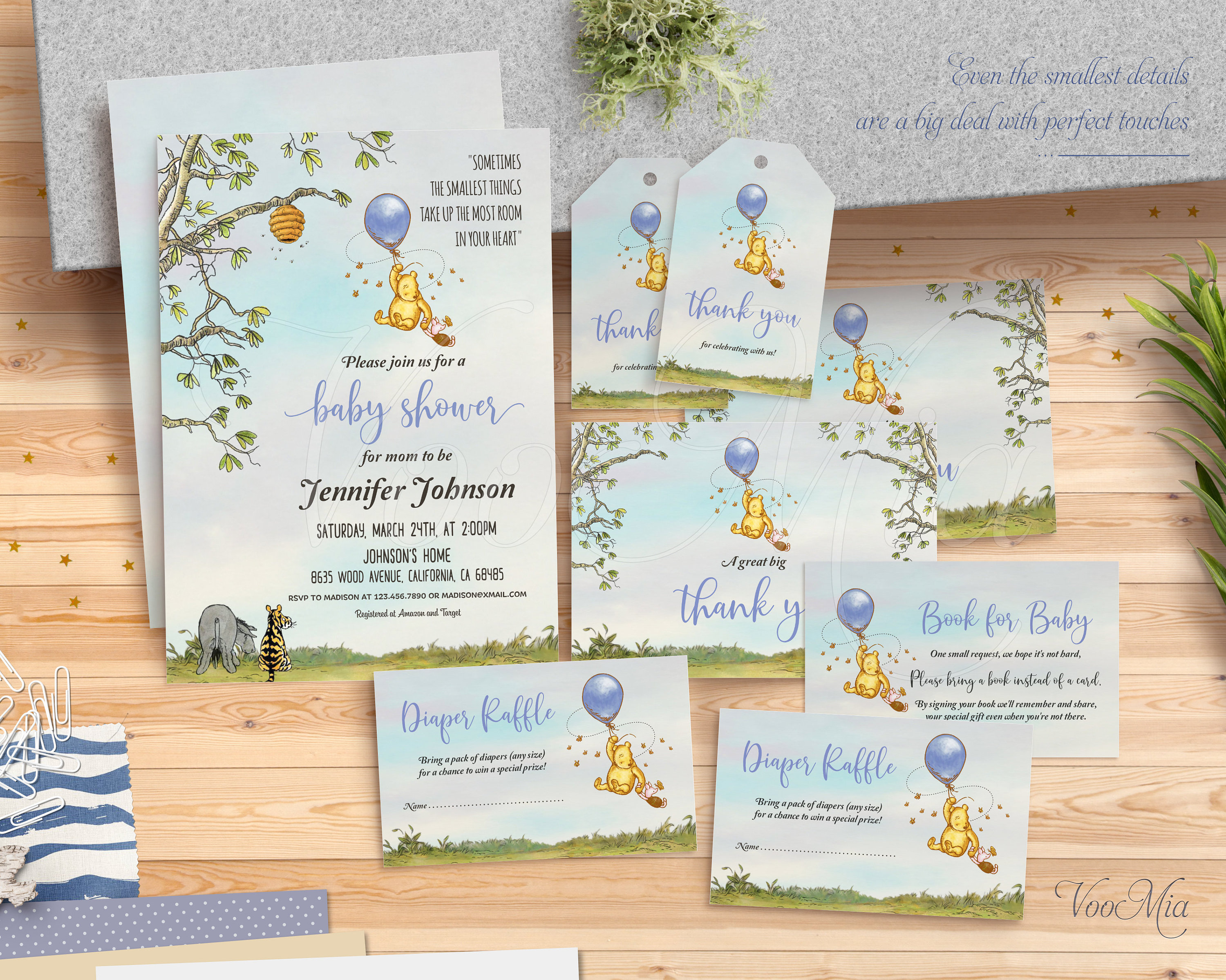 Classic Winnie the Pooh Baby Shower Invitation Template Blue Etsy UK