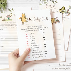 May include: A Winnie the Pooh themed baby shower game with a list of traits for guests to guess about the baby. The game includes a list of traits such as hair, eyes, nose, smile, intelligence, creativity, courage, cooking skills, fashion sense, and dance moves. The game also includes a section for guests to guess what the baby's first word will be.