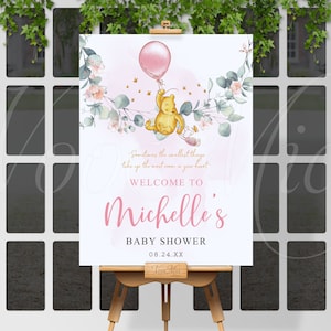 Classic Winnie The Pooh Baby Shower Sign, Greenery Pink Balloon Welcome Poster Editable Template