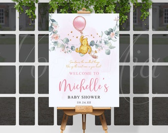 Classic Winnie The Pooh Baby Shower Sign, Greenery Pink Balloon Welcome Poster Editable Template