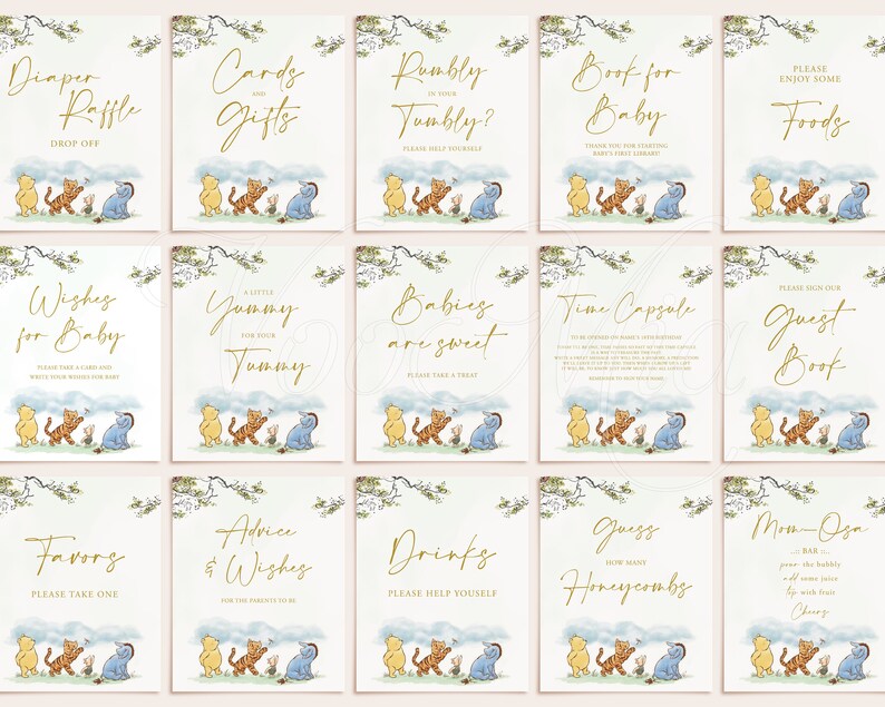 K&ouml;nnte beinhalten: Ein Set mit 12 druckbaren Winnie-the-Pooh-Babyparty-Schildern mit goldenen Schriftz&uuml;gen und Illustrationen von Winnie Puuh, Ferkel, Tiger und Esel. Die Schilder beinhalten Titel wie "Windel-Tombola", "Karten und Geschenke", "Rumbly Tumbly?", "Buch f&uuml;r Baby", "Bitte genie&szlig;en Sie etwas Essen", "W&uuml;nsche f&uuml;r Baby", "Ein kleines Leckerli f&uuml;r Ihren Bauch", "Babys sind s&uuml;&szlig;", "Zeitkapsel", "Bitte tragen Sie sich in unser G&auml;stebuch ein", "Mitbringsel", "Ratschl&auml;ge und W&uuml;nsche", "Getr&auml;nke", "Erraten Sie, wie viele Honigwaben", und "Mimosabar".