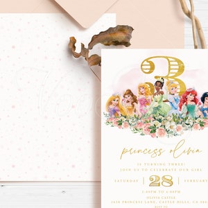 Princess Birthday Invitation, Gold Pink Flowers Party Invite Template Editable, Printable