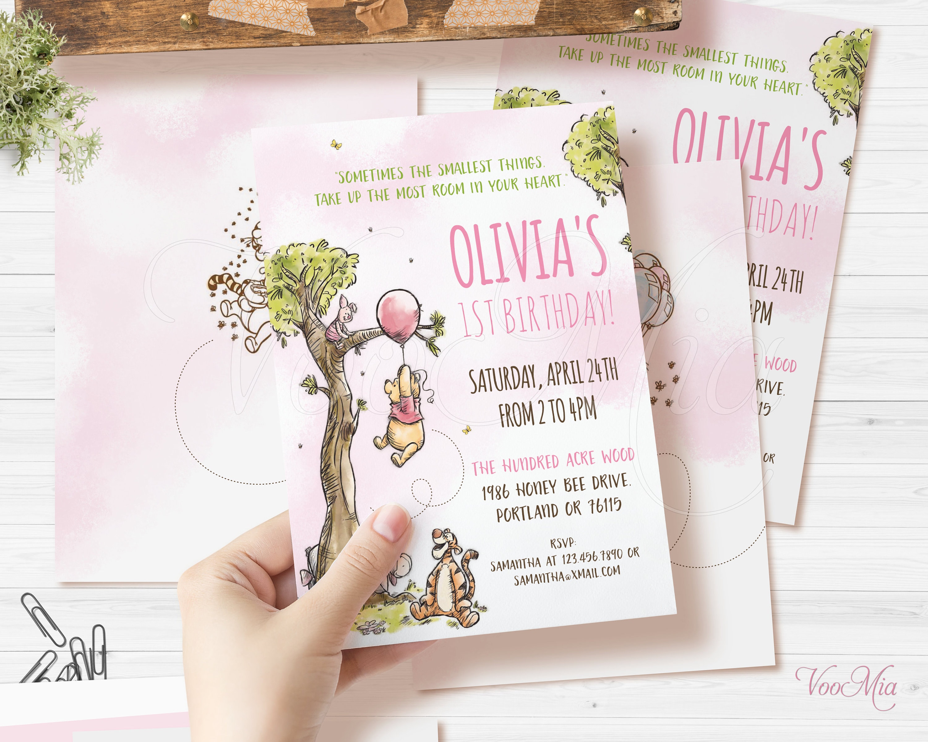 Winnie The Pooh Invitations, Girl Birthday Party Invite, Editable Digital Template