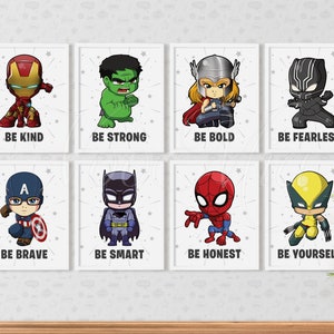 Superheroes Kids Bedroom Decor, Nursery Wall Art Prints, Superheroes Poster Sign