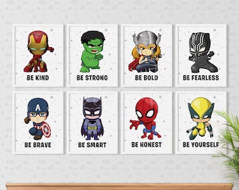 Superheroes Kids Bedroom Decor, Nursery Wall Art Prints, Superheroes Poster Sign