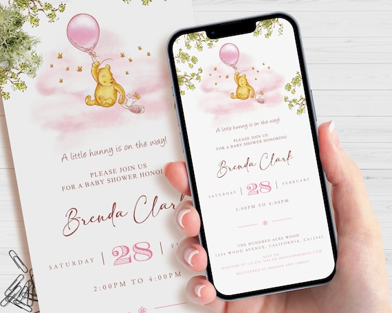 Classic Winnie The Pooh Evite Invitation, Digital Baby Shower Invite, Editable Mobile Smartphone Template