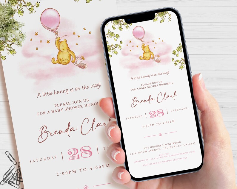 Classic Winnie The Pooh Evite Invitation, Digital Baby Shower Invite, Editable Mobile Smartphone Template image 1