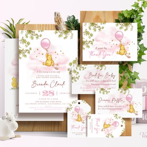 Classic Winnie the Pooh Baby Shower Invitations Girl Party Decorations Gifts Instant Download Editable Template BS011