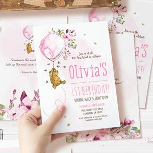CLASSIC Winnie The Pooh Birthday Invitation, Girl Party Invite, Editable Printable Template, Digital