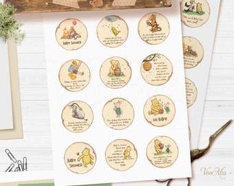 24 adornos para cupcakes de Winnie The Pooh, pegatinas circulares editables, etiquetas de regalo de comida con forma de galleta para baby shower, imprimibles