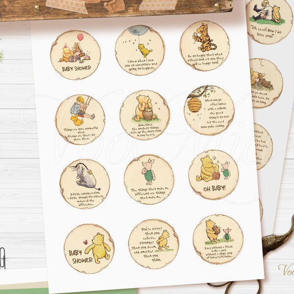 24 Winnie The Pooh Cupcake Toppers, Editable Circle Tag Sticker, Baby Shower Cookie Food Favor Label, Printable