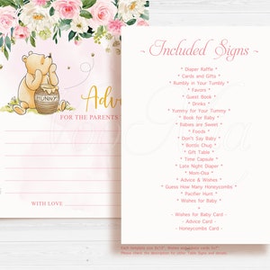 Puede incluir: Un conjunto de carteles imprimibles para una fiesta de baby shower con una ilustraci&oacute;n de Winnie the Pooh con un tarro de miel. Los carteles incluyen t&iacute;tulos como "Rifa de pa&ntilde;ales", "Rumbly in Your Tumbly", "Yummy for Your Tummy", "No digas beb&eacute;", "Consejos y deseos", y "Deseos para el beb&eacute;".