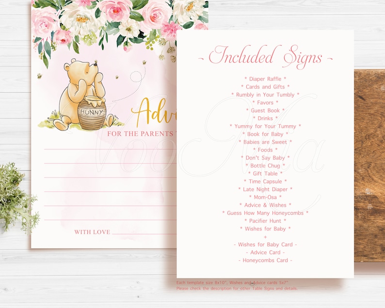 Puede incluir: Un conjunto de carteles imprimibles para una fiesta de baby shower con una ilustraci&oacute;n de Winnie the Pooh con un tarro de miel. Los carteles incluyen t&iacute;tulos como "Rifa de pa&ntilde;ales", "Rumbly in Your Tumbly", "Yummy for Your Tummy", "No digas beb&eacute;", "Consejos y deseos", y "Deseos para el beb&eacute;".