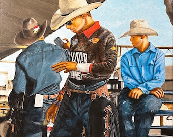 THREE COWBOYS, Original Art Rodeo Painting: Andy Bohl, PBR Scene, Texas Art