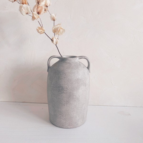 Stoneware Vessel | Grey Vase with Handles | Home Decor