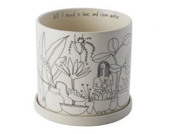 Plant Lady Pot | Sketch Drawing Ceramic Planter | "All I need is love and clean water" | Ceramic Plant Pot with Saucer | Plant Lover Pot