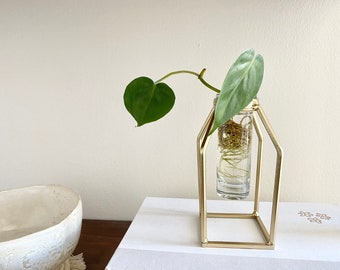 Gold Glass Tube Vase | Plant Propagation Planter |  | Gold Metal Stand with glass tube | Bud Vase | Wedding Vase Decor | Plant Cutting Vase