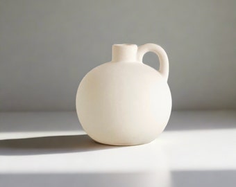 Stoneware Round Cream Vase with Handle | Matte Sandy Ceramic