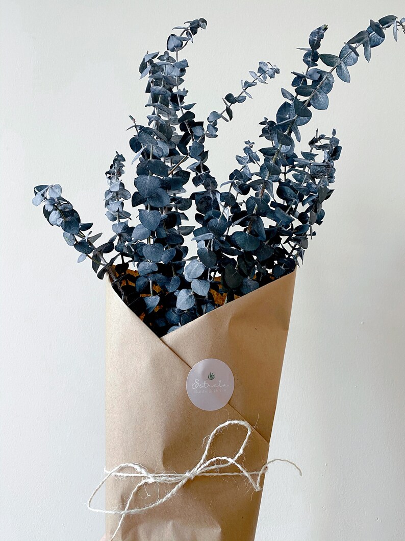 K&ouml;nnte beinhalten: Ein Strau&szlig; blauer Eukalyptus-Zweige, verpackt in braunes Papier mit einer wei&szlig;en Kordelschleife und einem Aufkleber mit der Aufschrift "Estrella Flowers & Gifts".