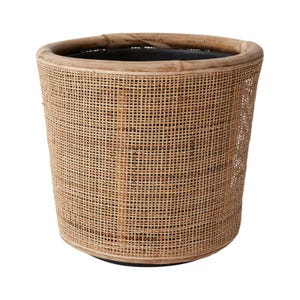 May include: A woven wicker planter with a natural brown finish. The planter has a round shape and a wide opening.