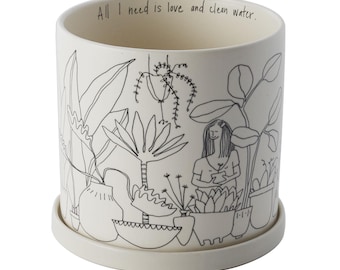 Plant Lady Ceramic Planter: Sketch Drawing, Drainage Hole, with Saucer