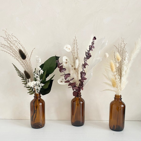 Mini Dried Florals in Glass Bottle | Restaurant Mini Arrangements for Tables | Restaurant Decor | Event & Wedding Vases