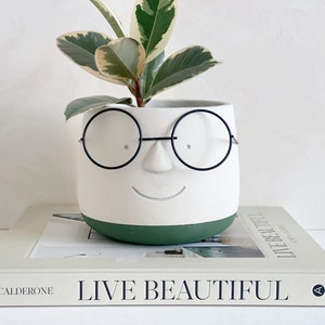 May include: A white ceramic planter with a face design, featuring black wire-rimmed glasses and a smiling mouth. The base is painted green. The planter holds a plant with green and white leaves. The planter sits on a book that says "LIVE BEAUTIFUL".