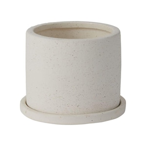 May include: White ceramic planter with a speckled finish and a matching saucer. The planter has a cylindrical shape and a smooth, rounded rim.