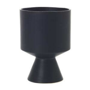 May include: A black ceramic vase with a wide, cylindrical top and a flared, conical base.