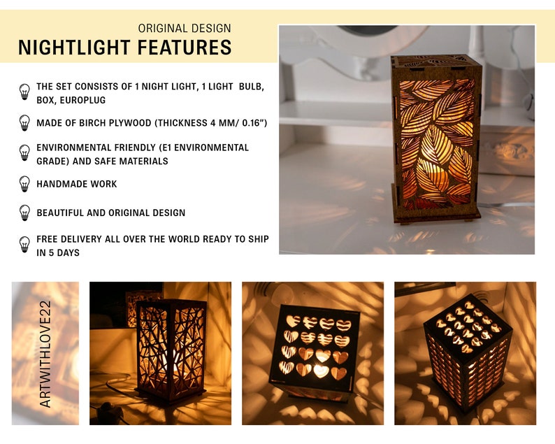 Decorative night light, night light for bedroom, wooden night light, handmade night light, hand table lamp image 9