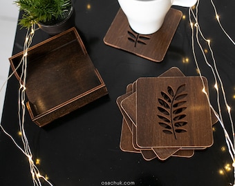 Unique coasters, Set of 6 wood coasters with holder, Plywood coasters leafy design, Cool gift for chef, Birthday gift for woman best friend
