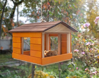 Hanging Bird Feeder House, Bird Seed Dispenser, Wooden Bird House, Bird watching, Outdoor Garden Decor