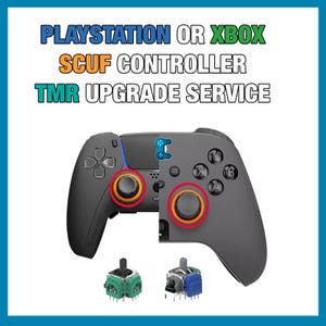 May include: A composite image of a grey gaming controller featuring the text PLAYSTATION OR XBOX SCUF CONTROLLER TMR UPGRADE SERVICE. The controller displays orange-rimmed analogue sticks and two separate internal joystick sensor modules.