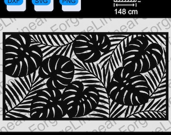 Laser Cut Tropical Monstera Panel SVG DXF – Tropical Privacy Screen Fence Insert – 148x80 cm Decorative CNC Plasma Cutting File